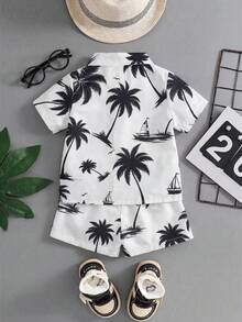 SHEIN Playful Pals 2件套幼儿男童度假绿色热带植物图案短袖衬衫+松紧腰短裤套装，童装。幼儿服装，幼儿衬衫，幼儿短裤，婴儿套装，6个月-3岁 - 黑色 - 查看 2