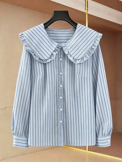 GlowEve CURVE Plus Size Women Striped Long Sleeve Peter Pan Collar Single-Breasted Casual Shirt