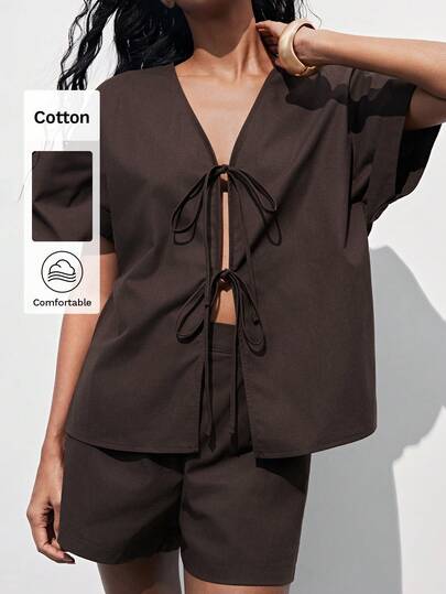 Maija Women's Summer Casual Solid Color Tie Shirt And Shorts 2 Pieces Set