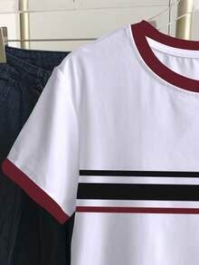 Resyla 女士撞色条纹印花短袖休闲圆领T恤 - 白色 - 查看 4