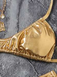 Swim SXY Sexy Glossy Bandage Bikini Swimsuit, Glamorous European Style - Gold - View 8