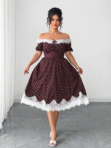 Elenzga Vestido de encaje con lunares de talla grande, cuello cuadrado, parche de encaje, manga abullonada, cintura alta, dobladillo con volantes, empalme de encaje, estilo vintage francés romántico, elegante y casual - Café integral - Ver 8