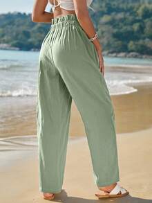 SHEIN Frenchy Women's Solid Colored Paper Bag Waist Pants Summer Vacation Pants Green Casual Christmas Holiday Resort - Mint Green - View 4
