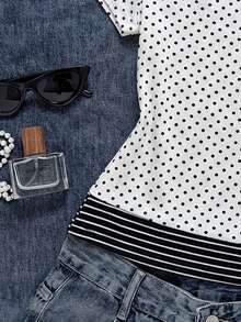 SHEIN EZwear Áo thun ngắn tay nữ kiểu dáng thường ngày, chấm bi và sọc phối màu, phong cách grunge vintage cá tính, thích hợp cho mùa hè, lễ hội âm nhạc, kỳ nghỉ, các sự kiện thể thao. - Nhiều màu - Xem 5