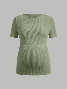 SHEIN Maternity & Nursing Casual Ribbed Crew Neck Short Sleeve Top, Summer - Green - View 16