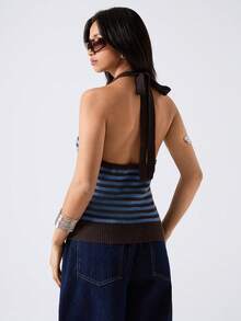 LYSMO 女士性感度假风休闲日常通勤撞色条纹露背系带针织上衣，夏季 - 彩色 - 查看 2