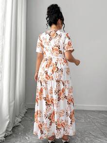 Elenzga Vestido de mujer talla grande de verano con estampado floral romántico, cuello cuadrado, espalda descubierta, cintura elástica y fluido, adecuado para playa, vacaciones y viajes al aire libre - Albaricoque - Ver 2