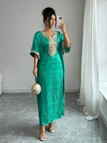 Rafferiza 女士缎面系带蕾丝拼接连衣裙，春夏款 - 綠色 - 查看 3