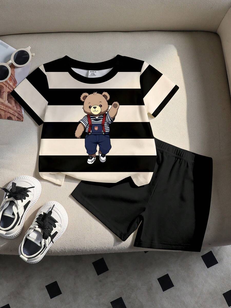SHEIN Playful Pals 2件套男婴/中性婴幼儿0-3岁休闲撞色黑白条纹小熊图案印花圆领短袖T恤和短裤套装,适合春夏日常、户外、居家穿着,百搭时尚。 - 彩色 - 查看 1