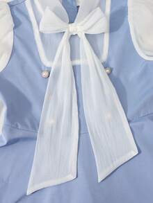 Girls' Contrast Color Mesh Patchwork Long Sleeve Dress - Blue - View 3