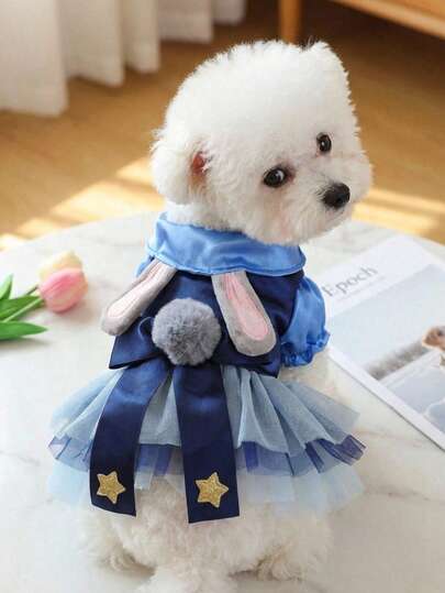 PETSIN 1件猫狗通用服装，兔耳朵星星装饰蓝色薄纱公主裙，适合小型犬（比熊/泰迪犬）| 宠物派对服装