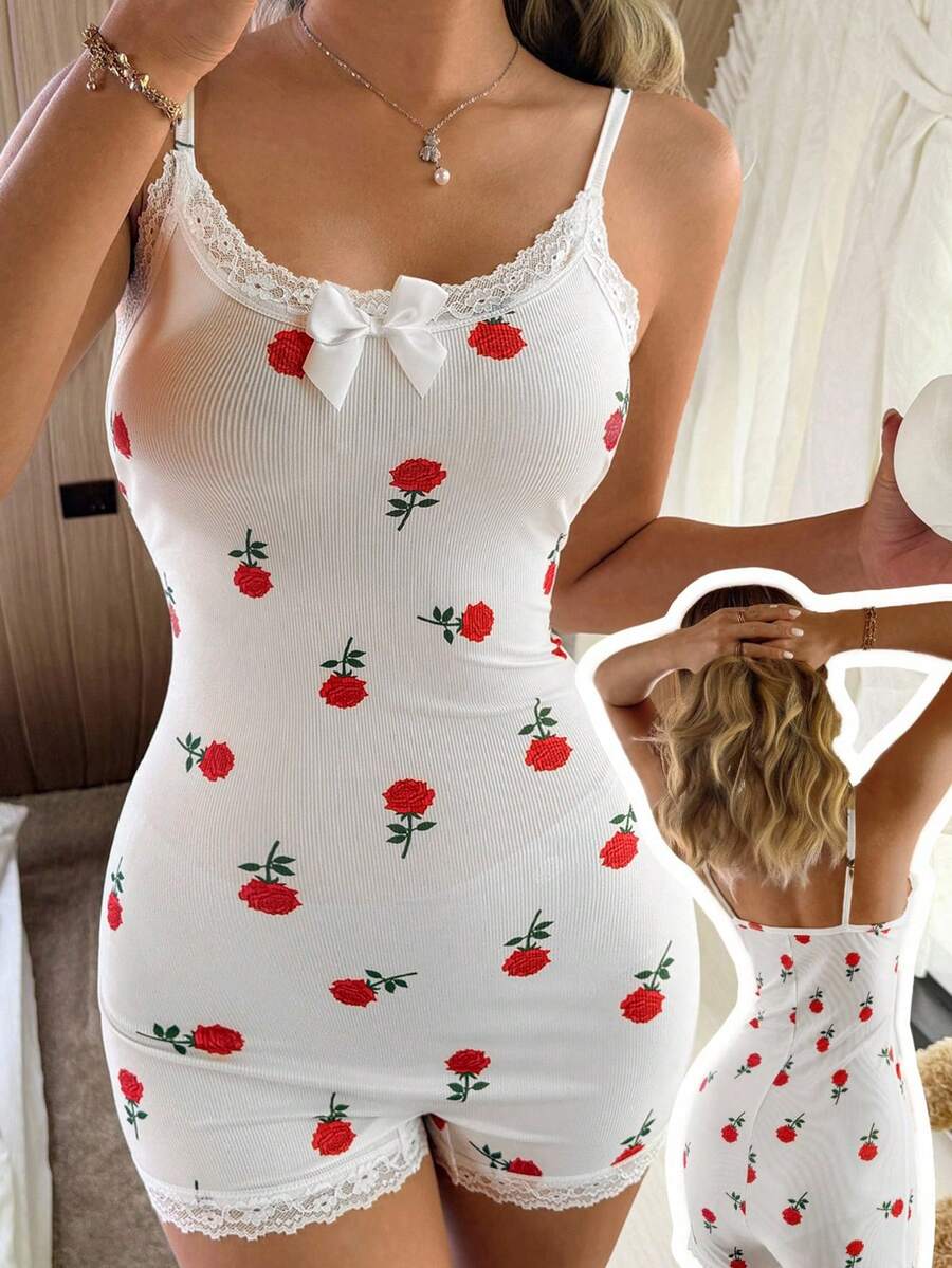 SHEIN Mono/Mono corto de verano para mujer con estampado floral de rosas y detalles de encaje y lazo de contraste - Blanco - Ver 1