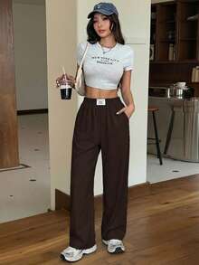 SHEIN EZwear Black Loose Casual Straight Leg Pants, Spring/Summer - Chocolate Brown - View 5