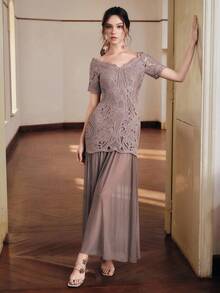 Anewsta Elegant Women's Off Shoulder Soluble Mesh Fitted A-Line Mini Ruffle Patchwork Dress - Dusty Purple - View 3