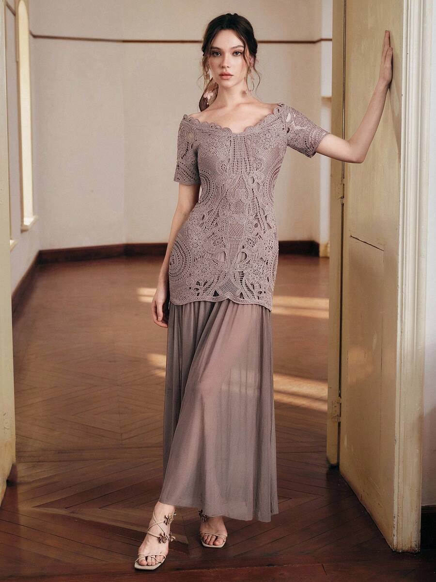 Anewsta 优雅女士露肩水溶性网纱修身A字迷你荷叶边拼接连衣裙 - 淺灰紫 - 查看 1