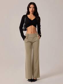 SHEIN PETITE 女款時尚休閒復古口袋喇叭褲，老錢風，商務女性，返校季，巧克力色喇叭長褲，復古，小個子女性 - 卡其色 - 查看 6