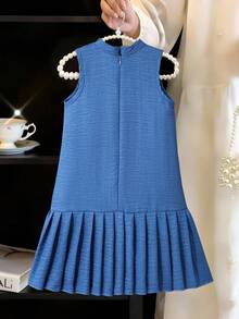 Girls' Cute Niche Design Sky Blue Sleeveless Dress With 3D Floral Decor,Stand Collar Pleated Hem Skirt,Elegant Summer Party Kids Everyday Wear - Blue - View 2