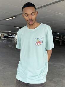 Ngobest Haus Ngobest Haus 男士浅绿色卡通鱼、字母、拉面、数字印花圆领短袖 T 恤，休闲日常穿着 - 綠色 - 查看 4