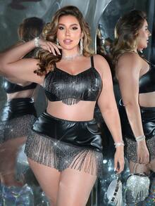 MidnightGlam Bộ đồ lót 3 món cỡ lớn sang trọng, chất liệu PU, trang trí tua rua. - màu đen - Xem 4