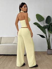 Muchica Women's Casual Knit Halter Neck Top And Pants Set, Light Yellow, Summer - Light Yellow - View 2