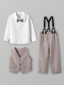 SHEIN 三件套男童绅士套装：白色领衬衫配领结、灰色马甲和背带裤，时尚百搭，适合生日派对、婚礼、周年纪念等场合。 - 卡其色 - 查看 1