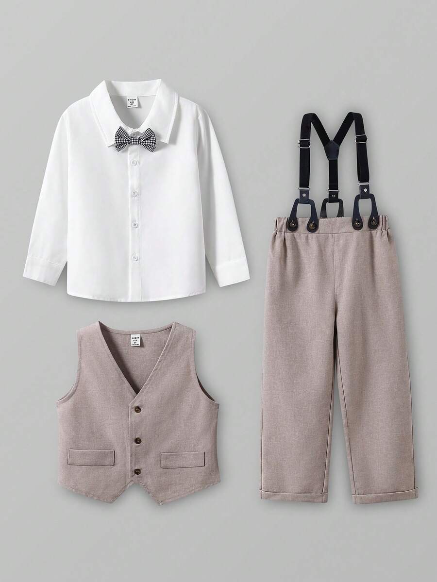 SHEIN 三件套男童绅士套装：白色领衬衫配领结、灰色马甲和背带裤，时尚百搭，适合生日派对、婚礼、周年纪念等场合。 - 卡其色 - 查看 1