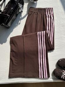 Comfortcana Comfortable Plus Size Brown Striped Sweatpants Made From Knitted Fabric With Drawstring Details For Casual Wear - Brown - View 6