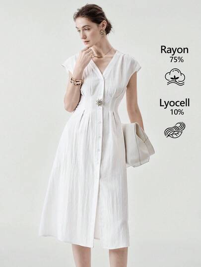 Aalyst Women's Simple Solid Color Waist Cinched Batwing Sleeve Midi Dress, Summer