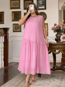 SHEIN CURVE+ Đầm mùa hè dáng rộng, thoải mái, không tay, kiểu dáng bất đối xứng, dành cho nữ cỡ lớn, ngày lễ tình nhân, thích hợp cho nữ. - Hồng - Xem 4
