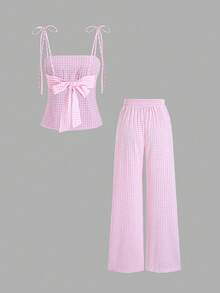 Sweetra Women's Sweet Pink Plaid Camisole And Wide Leg Straight Pants Set, Pastoral Style Romantic Casual Vacation Outfit, Spring/Summer - Pink - View 2