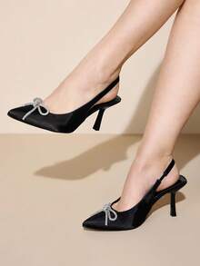 CUCCOO CURVES Women Shoes Women's Pointed Toe With Rhinestone Bow Design Daily Versatile Fashion High-Heeled Shoes Valentine's Day - Black - View 1