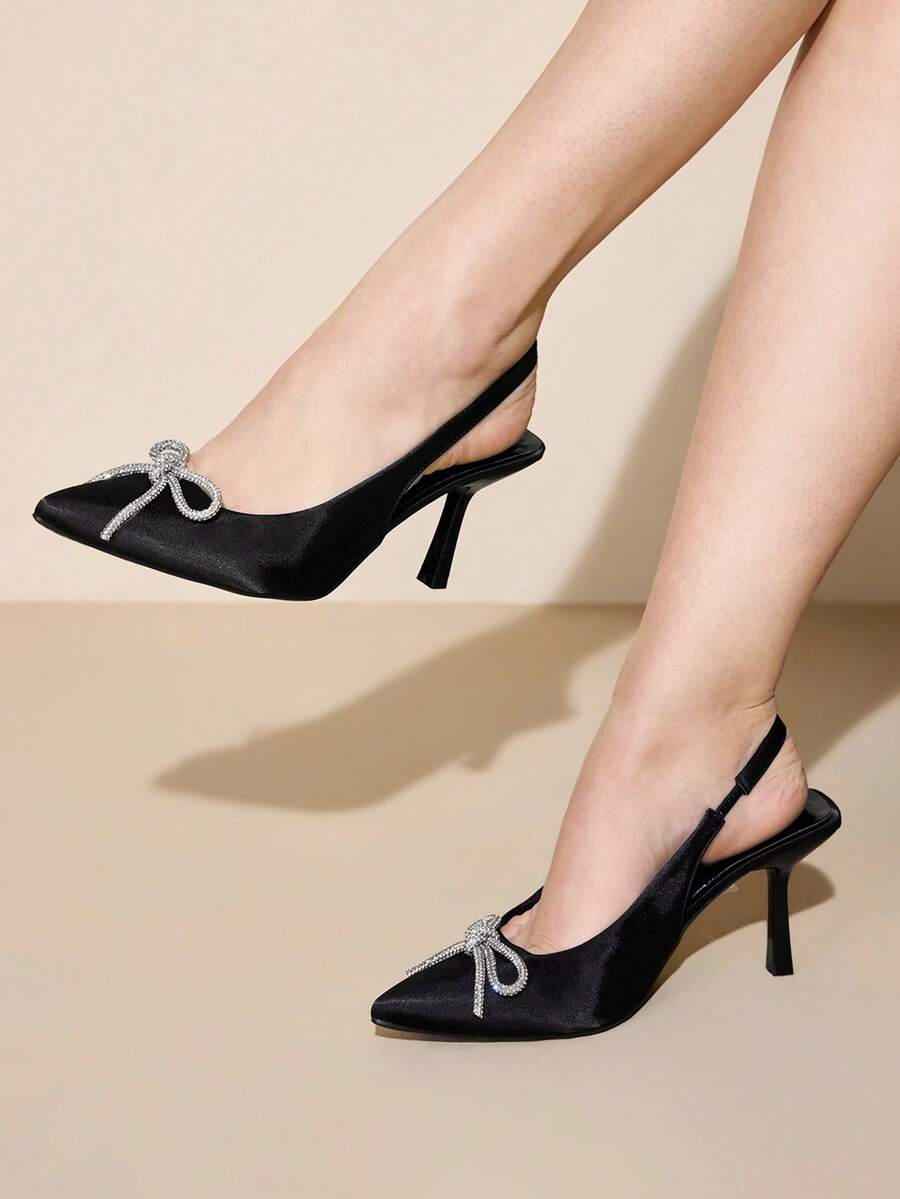 CUCCOO CURVES Women Shoes Women's Pointed Toe With Rhinestone Bow Design Daily Versatile Fashion High-Heeled Shoes Valentine's Day - Black - View 1
