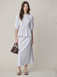 Nöista Striped Blouse Features A Round Neckline, Puffed Sleeves With Elastic Cuffs, And A Adjust Waist With A Peplum Hem. Women Set, Spring, Summer Outfit For Women, Valentine's Day Look, Casual Outfit, Vacation Outfits. - Blue - View 5