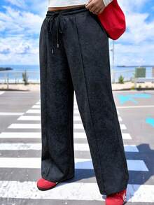 Muchica Plus Size Solid Color Knot Pocket Seam Front Casual Loose Pants - Black - View 2