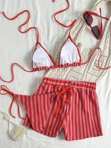 Swim Vcay 3pcs/Set Bohemian Style Crochet Fabric Drawstring Swimwear Cover Up Bikini Set - Rose Red - View 2