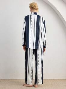 Ocili Ombre Striped Silky Satin Comfortable Loose Long Sleeve & Pants Women Pajama Set - Blue and White - View 3