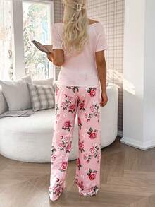 女士两件套印花短袖睡衣套装 - 淺粉色 - 查看 2