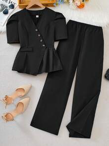 Elladie kids 少女休闲交叉领短袖上衣和裤子套装，夏季 - 黑色 - 查看 7