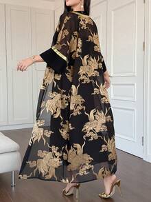 DAZY Elegant Gold Loose Jacquard Knit Cardigan Robe - Black - View 2