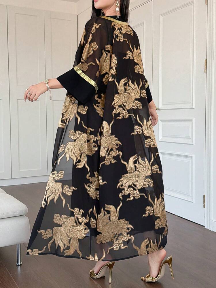 Elegant Gold Loose Jacquard Knit Cardigan Robe