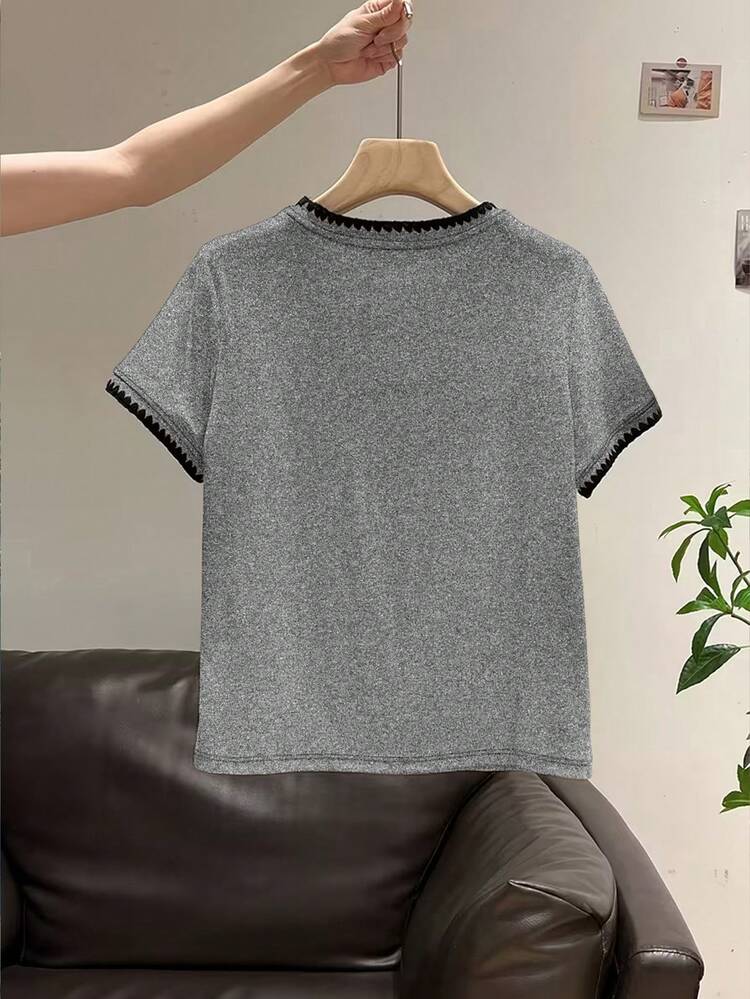 女士夏季休闲日常锁边圆领短袖T恤 - 灰色 - 查看 2