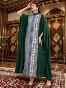 Al Najma Women's Vintage Stand Collar Cape Sleeve Loose Extra Long Dress - Dark Green - View 3