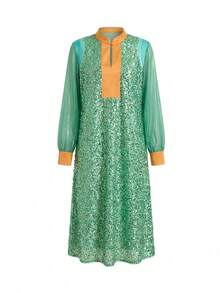 LOTSLUV Vestido Camisa Longo Solto Feminino, Manga Longa com Botões, Patchwork de Tecido com Contas Verde e Cetim Laranja, Vestuário do Oriente Médio, Blusas para Mulheres - Verde - Visão 3
