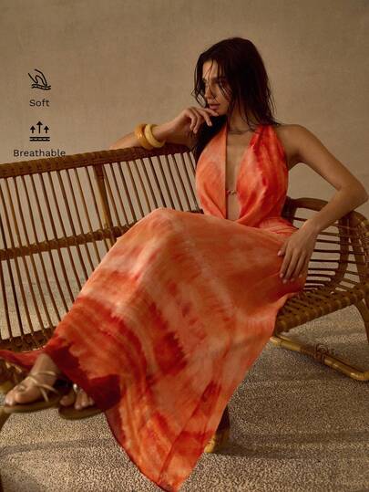 MOTF PREMIUM MULTI-COLOR PRINT HALTER NECK DRAPED SEXY ELEGANT CASUAL VACATION BOHEMIAN BEACH COVER UP MAXI DRESS FOR WOMEN