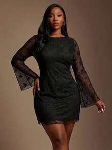 SHEIN SXY Valentine Plus Size Elegant Solid Color Black Lace Midi Dress,Autumn See Through Mesh Two Pieces Set For Curve,Goth Night Out Club Party Outfit, - Black - View 3