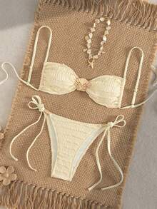 SHEIN Swim Women's 2 Pieces Set White Sparkle Bikinis,Adjustable Spaghetti Strap Shell Decor Backless Drawstring Swimwear For Summer,Casual,Vacation,Holiday - Beige - View 1