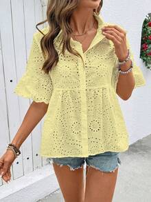Breezaya Embroidered Shirt, Open Front Shirt, Embroidered Placket Shirt, Casual Shirt - Yellow - View 5