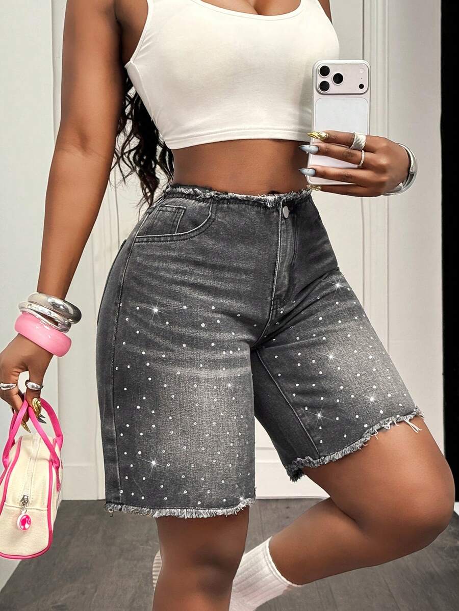 Slaydiva Women's Rhinestone-Embellished Gray Denim Shorts - Grey - View 1