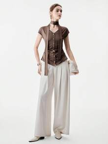 SHEIN Stylify 女士针织面料飘逸系带V领纽扣宽肩落肩袖褶裥腰身优雅休闲通勤复古外出度假卡其色T恤，春夏款 - 棕色 - 查看 6