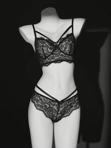 SHEIN 2件套蕾丝假睫毛性感内衣套装 - 黑色 - 查看 5